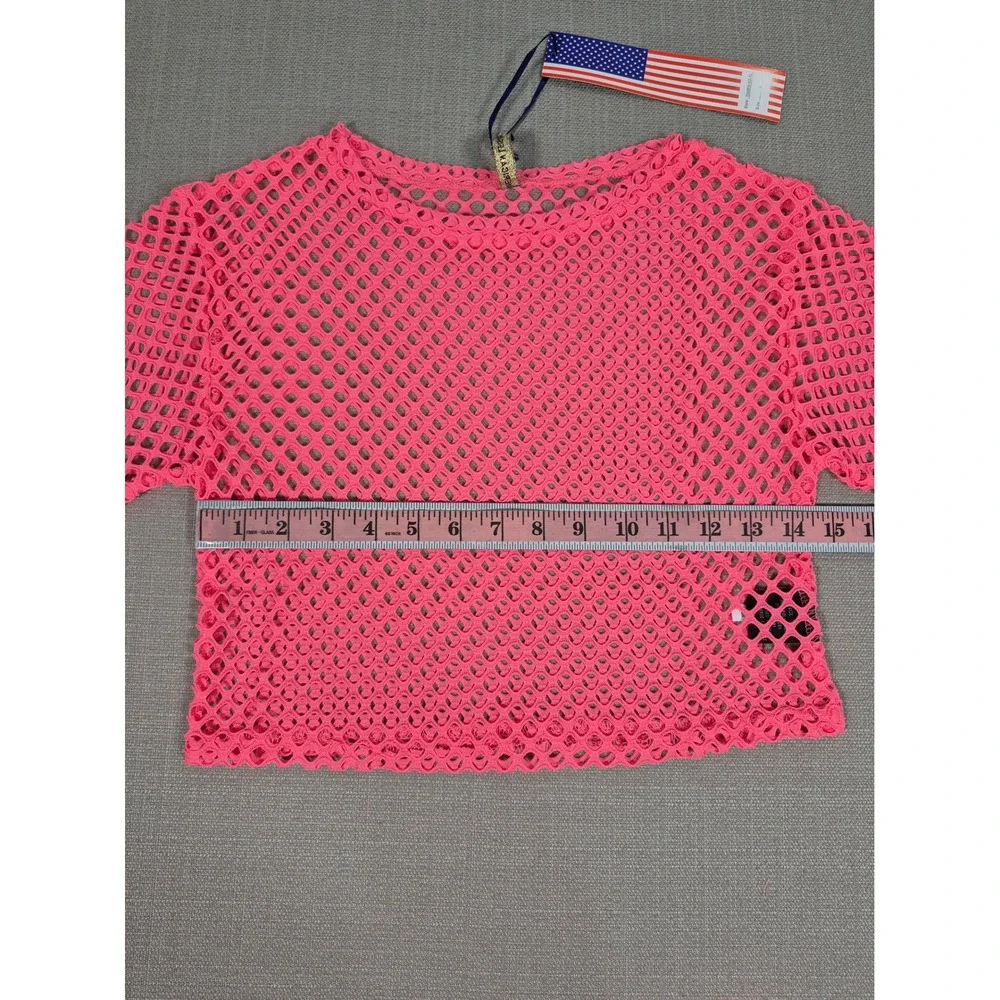 American Leisure Pink Mesh Two Piece Swimsuit Cover Up Crop Top Shorts Set S